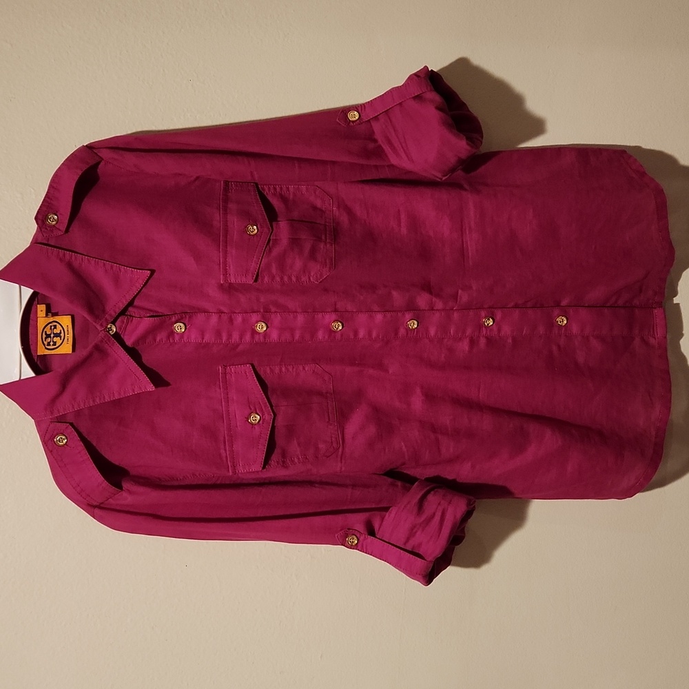 ❤️ TORY BURCH BRIGETTE FITTED BUTTON DOWN COTTON SHIRT / TOP IN MAGENTA, 6 - Picture 2 of 13